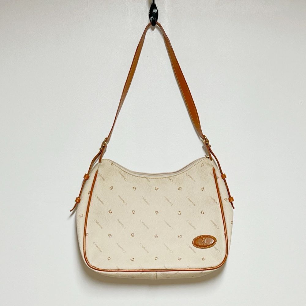 Vintage C. Valentino Leather Monogrammed Shoulder Bag Beige/Tan